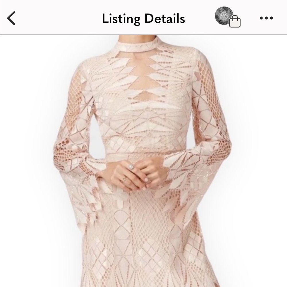 Free People Ivory Beige Deco Lace Cutout Eyelash Hem Bell Sleeve Mini Dress